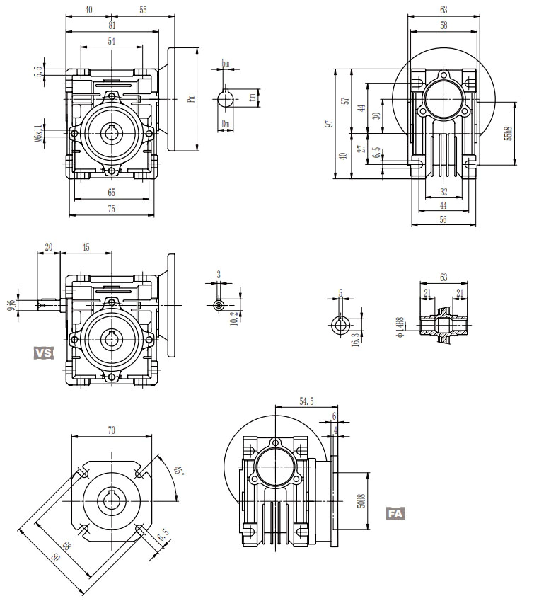 EP-NMRV030 worm gearbox dimension drawing and specification chart