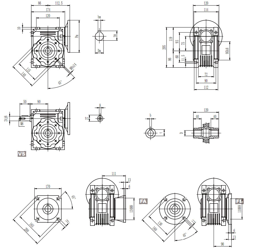 EP-NMRV075 worm gearbox dimension drawing and specification
