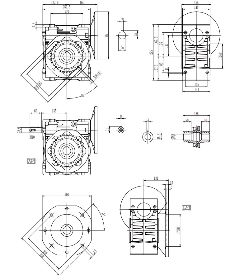 EP-NMRV110 worm gearbox dimension drawing and specification