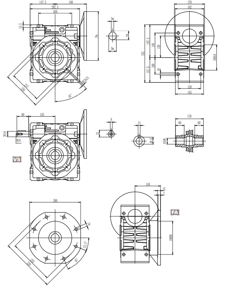 EP-NMRV130 worm gearbox dimension drawing and specification