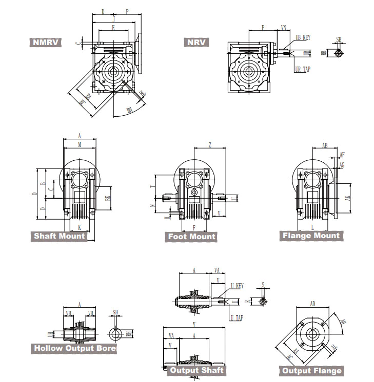 NMRV025 inch series dimensional reference